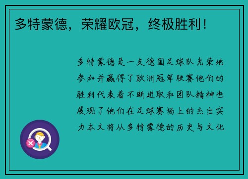 多特蒙德，荣耀欧冠，终极胜利！